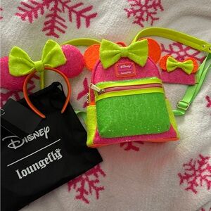 Loungefly Neon Sequin Backpack Cardholder Minnie Mouse Ears Set